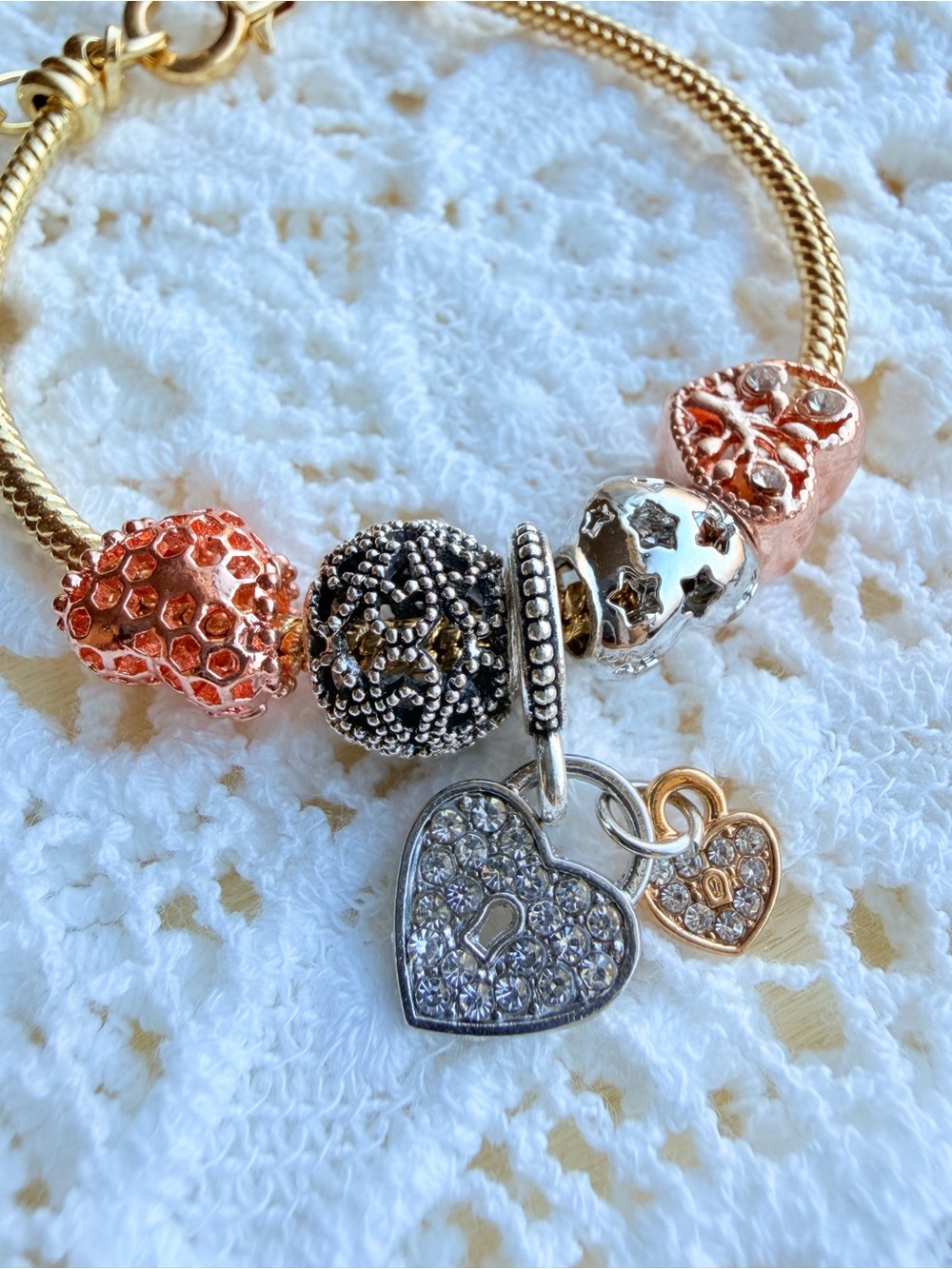 Gold-Tone Heart Charm Bracelet with Rose Gold & Silver Accents - Picture 4 of 4